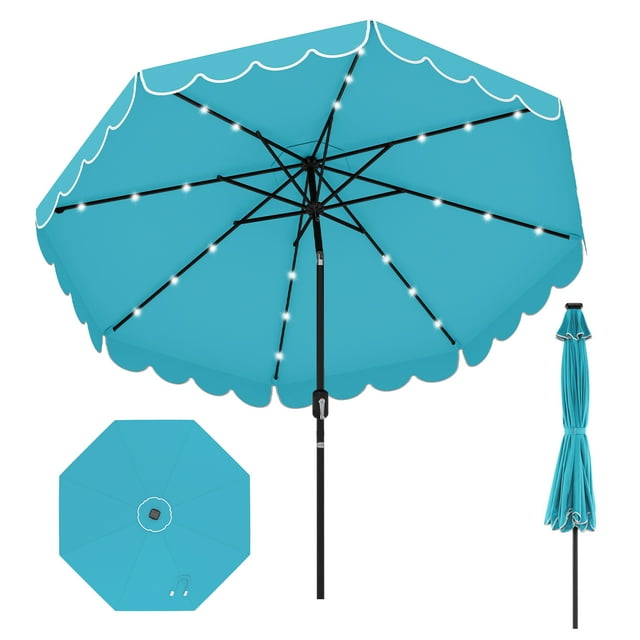 Gymax Parasol de Patio Solaire de 10 Pi pour Extérieur, Pare-Soleil de Marché avec 24 Lumières DEL, Turquoise