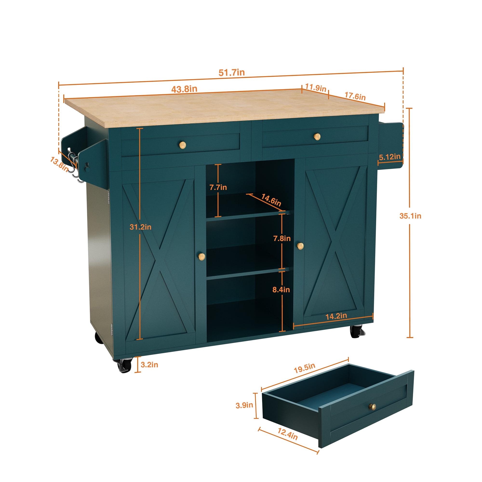 "HLR Large Versatile Folding 51.7"" W Rolling Kitchen Island with Storage, Green"
