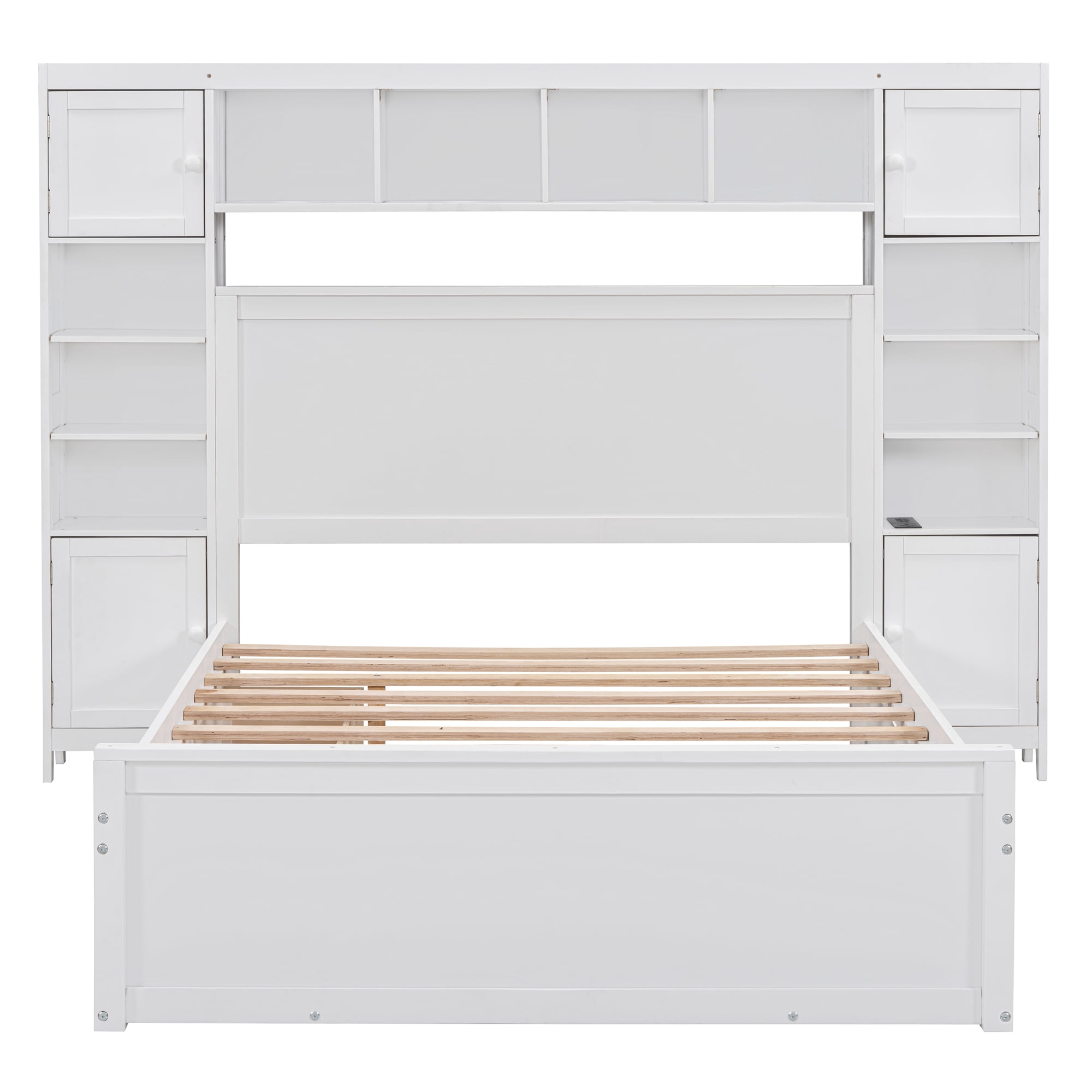 Aukfa Full Size Bed Frame with All-in-One Cabinet and Shelves, Wooden Functional Bed with Trundle and Storage Drawers, USB Ports Outlets, White