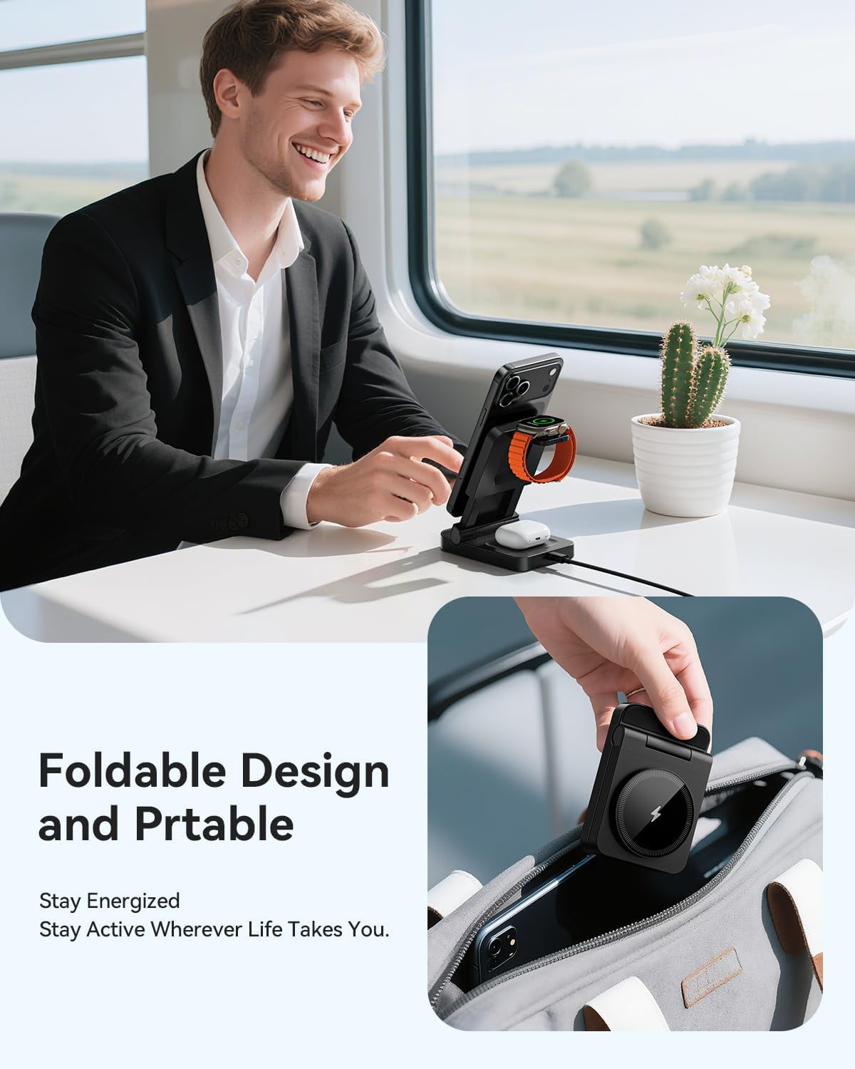 3-in-1 Foldable & Retractable Wireless Charger Station, 15W Fast Magnetic Charging, Portable Fast Charging Stand,Compatible with Mag Safe Charging for i Phone17/16/15/14/13/12,i Watch,Air Pods(Black)