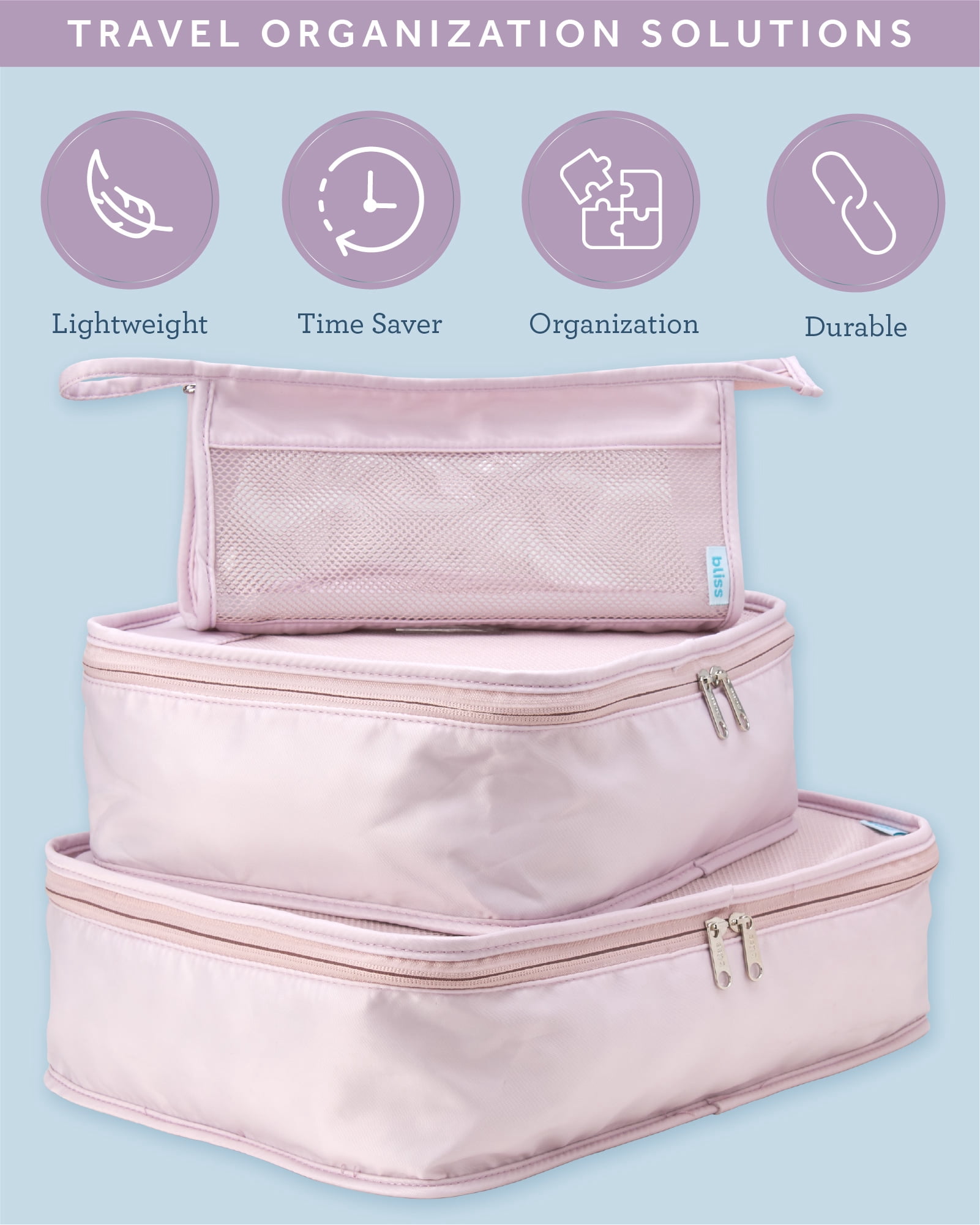 Bliss Travel Packing Cubes Zippered Compression Bags for Luggage with Laundry Bag 4-Piece Set