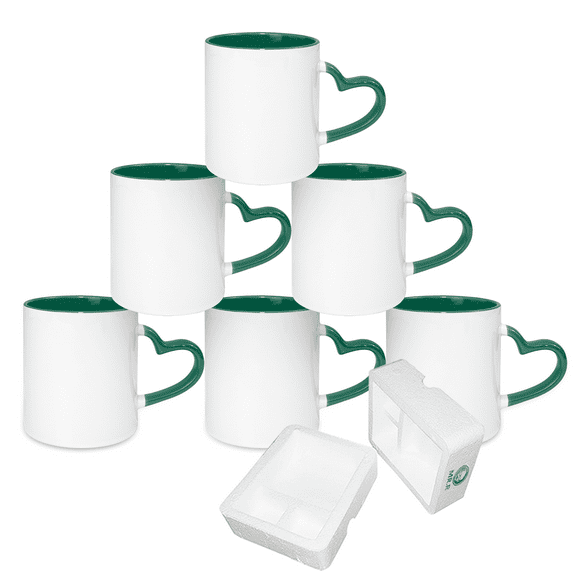 MR.R Set of 6 Sublimation Blanks 11oz Dishwasher Ceramic Mug,Blank Coated Cup,Sublimation Blank Mugs,Classic Cup with Dark Green Color Inner Mug and Heart Handle…