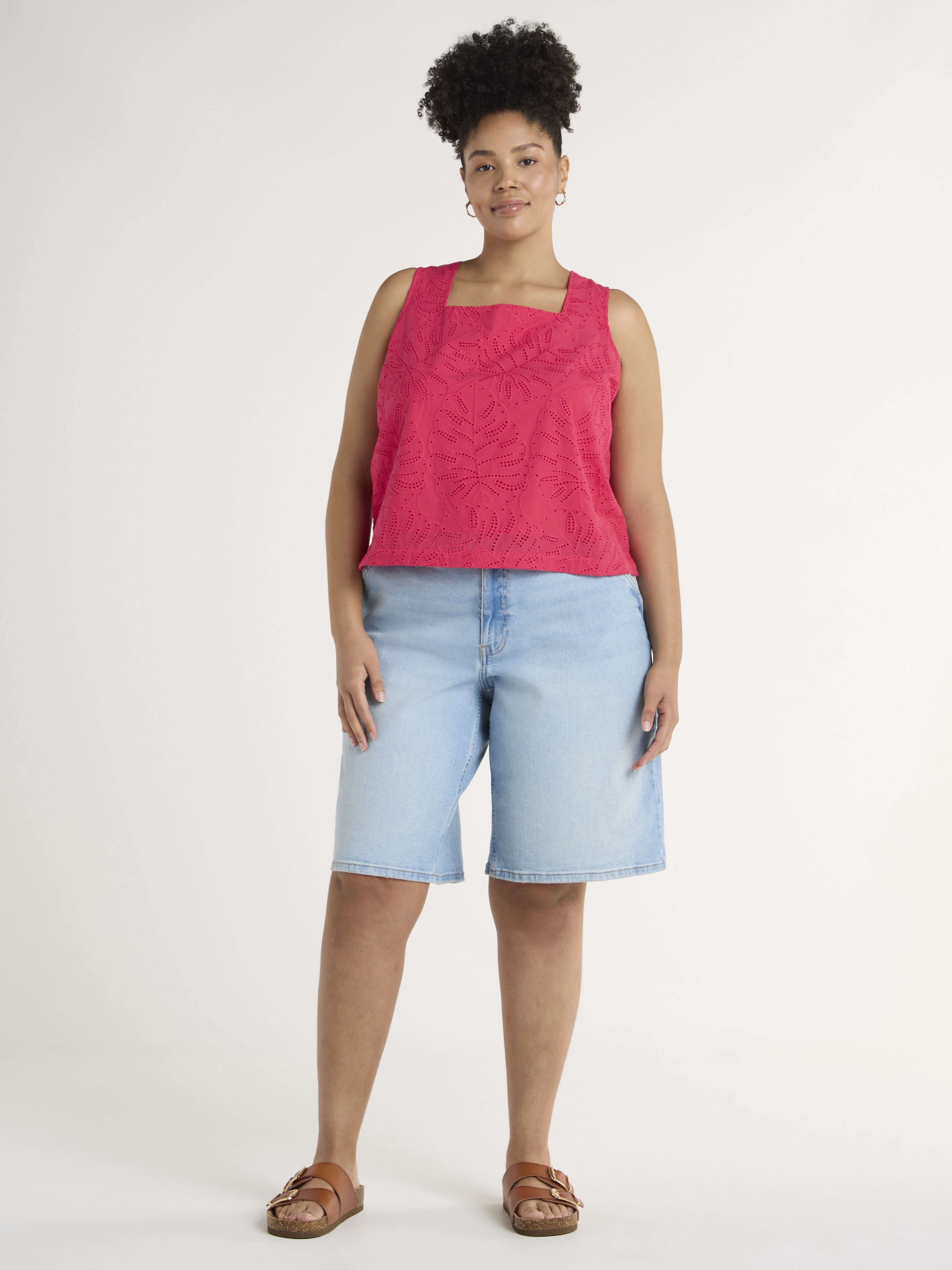 Time and Tru Women's and Women's Plus Eyelet Leaf Pattern Cotton Tank Top, XS-4X
