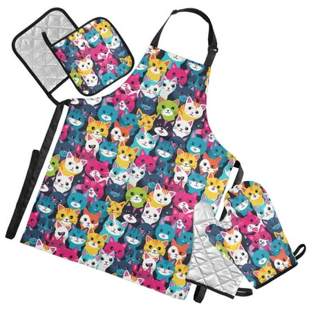 Laugh Cats Face 5 Pcs Kitchen Set Heat Resistant Oven Mitts and Non-Slip Pot Holders with Adjustable Cooking Apron
