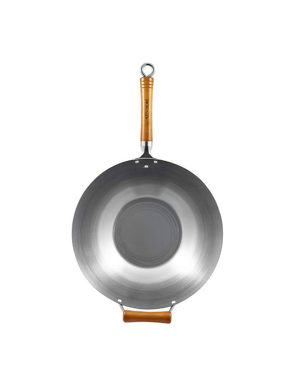 Ken Hom Flat Bottom Non-Stick Wok, 14" Carbon Steel Silver Stir Fry Cooking Pan