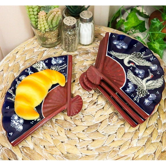 Ebros Set Of 4 White Storks Night Sky Oriental Fan Shaped Appetizer Sushi Plates