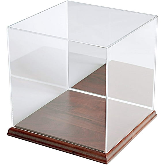 Display Box Case with Mirror Back & Wood Base 12.5" x 12" x 12" | Acrylic Cube for Protecting Collectibles | Square Acrylic Vitrine w/ Solid Walnut Base & Mirror Back - 12" Square Box - Model CJ4WM