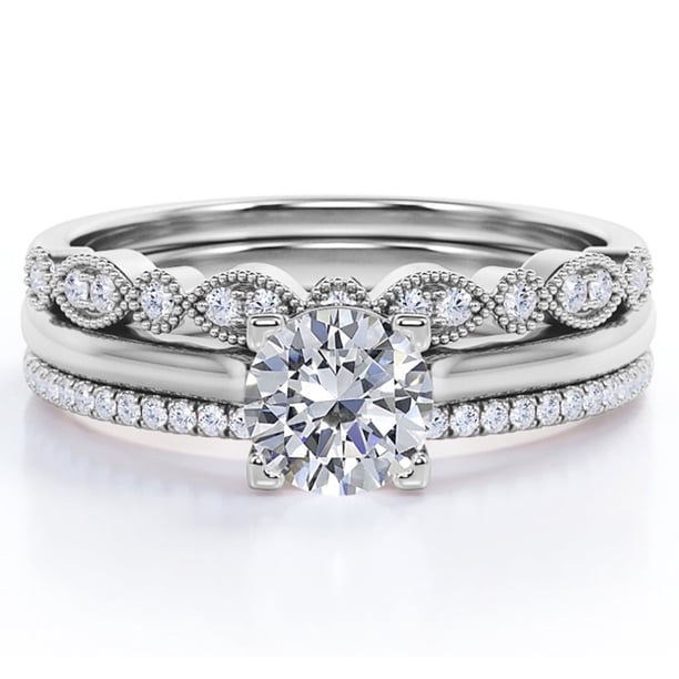 Anillo Compromiso Solitario 2 Quilates JeenMata Filigrana Milgrain Art Deco Engaste Pavé 4 Puntas Baño Oro Blanco 18 K sobre Plata