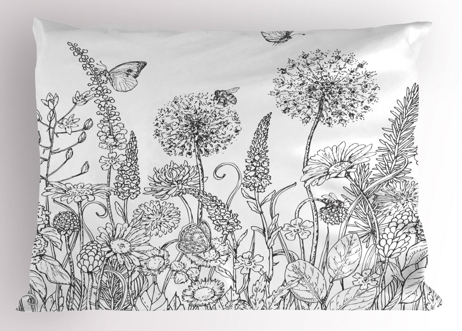 Floral Pillow Sham Sketchy Hand Drawn Style Garden with Various Flowers Leaves and Grass Image, Decorative Standard King Size Printed Pillowcase, 36 X 20 Inches, Charcoal Grey White, by Ambesonne