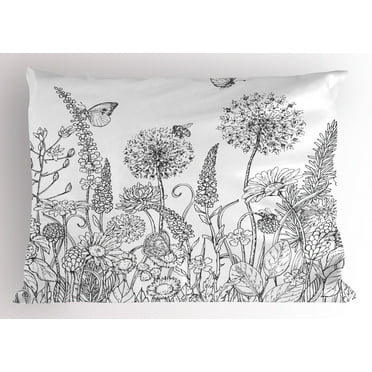 Floral Pillow Sham Sketchy Hand Drawn Style Garden with Various Flowers Leaves and Grass Image, Decorative Standard King Size Printed Pillowcase, 36 X 20 Inches, Charcoal Grey White, by Ambesonne