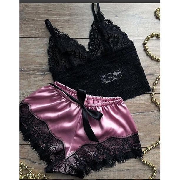 Conjunto de pijama de satén para mujer, ropa de dormir Sexy con encaje y cuello en V, camisola de encaje sin mangas y pantalones cortos, novedad
