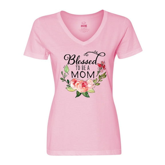Inktastic Blessed to Be a Mom with Pink Flowers Women's V-Neck T-Shirt