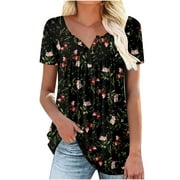 Women's Summer Tunic Round Neck Floral Printed T-Shirts Casual Short Sleeve Blouse Pleated Tops With Ruffle Hem