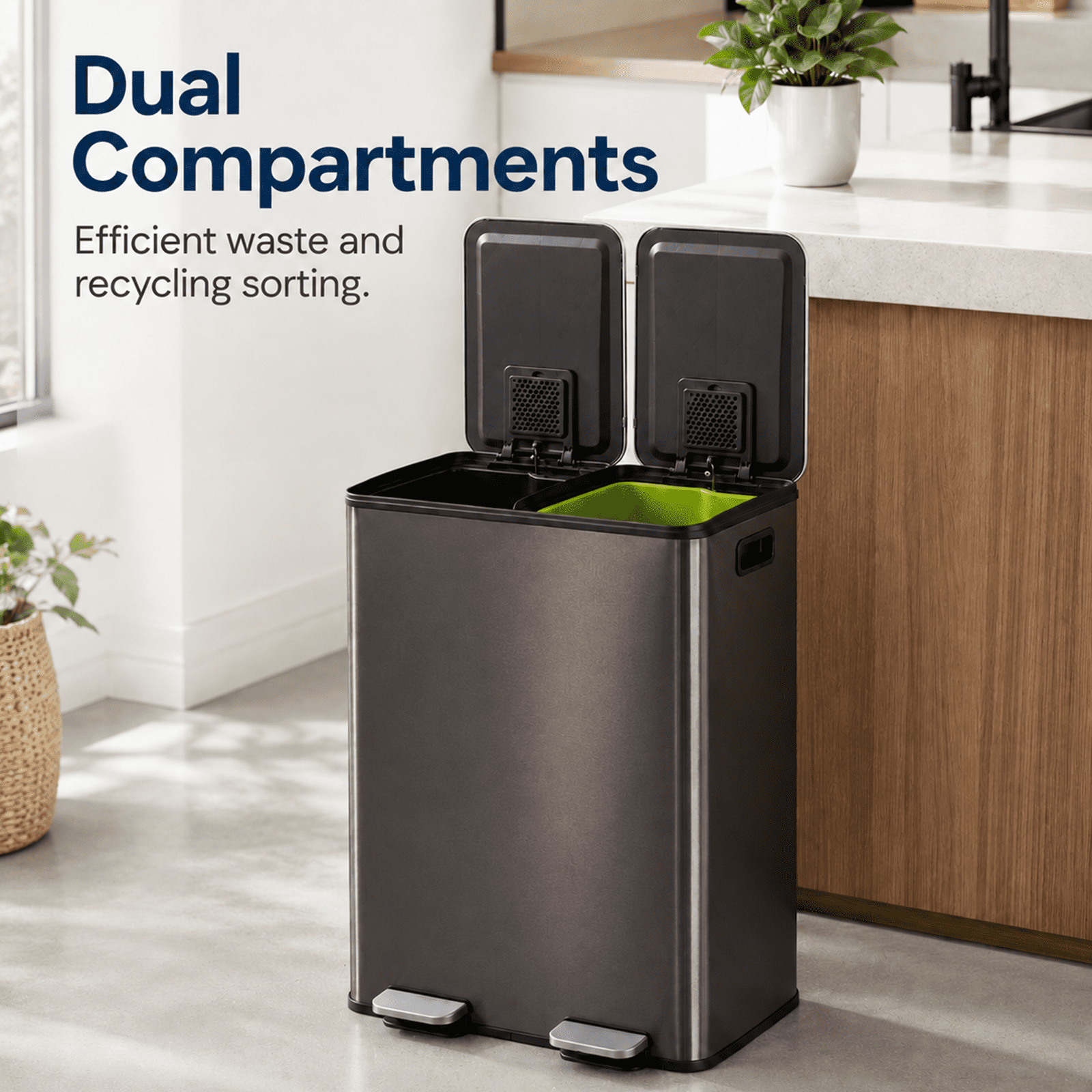 Alvantor Dual Bin Trash Can, 2 x 8 Gallon (2 x 30 L) Garbage Can for Kitchen, Soft-Close Lid and Removable Inner Buckets, Odor Control, Fingerprint-Resistant, Stainless Steel