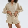 thumbnail image 3 of Women'S Shorts Set, Two-Piece, Long-Sleeved Tie-Dress Top and Ruffled Boxer Shorts, Matching Casual Set Khaki S, 3 of 7