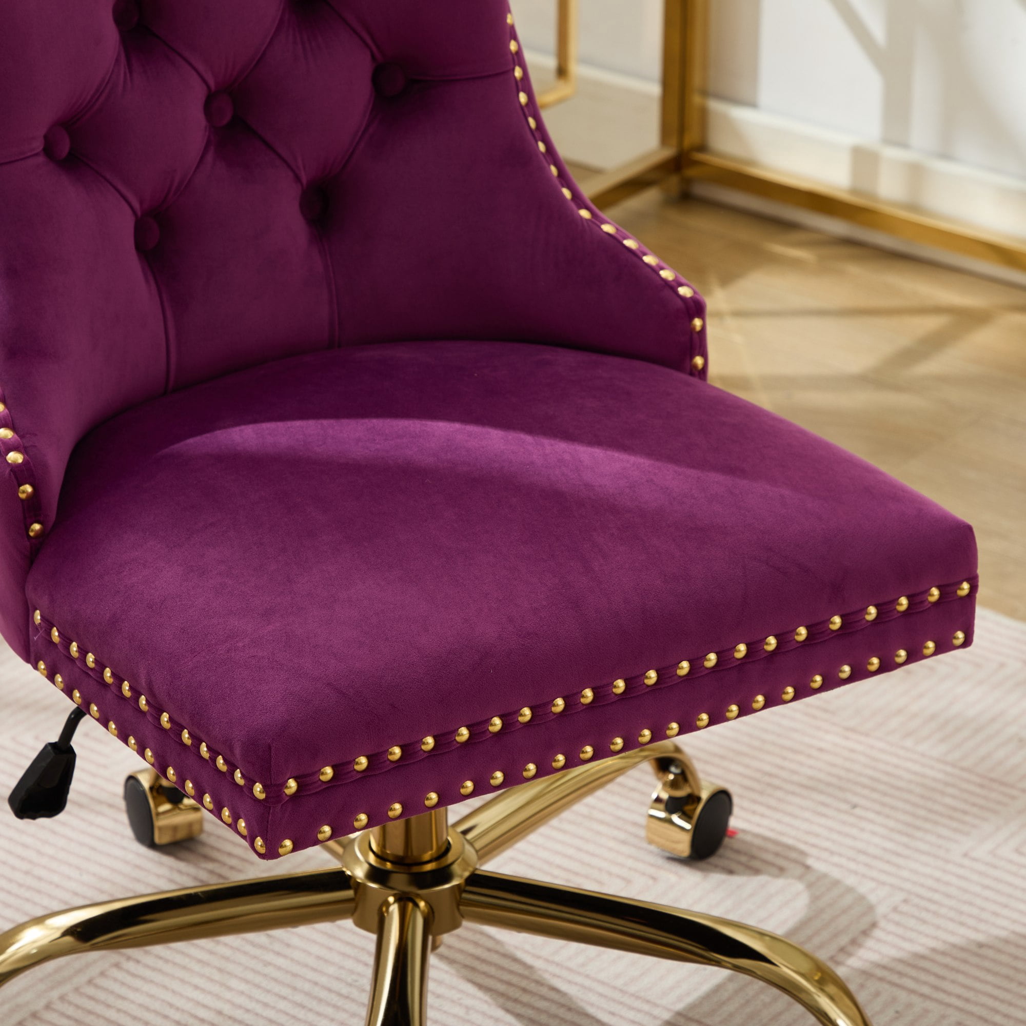 SESSLIFE Swivel Vanity Chair, Modern Office Chair with Wheels, Golden Metal Base, Velvet Upholstered Tufted Button Home Office Chair with Adjustable Height, Ergonomic Home Desk Chair, Purple