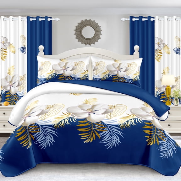 Elegant Tropical Floral Print Duvet Cover Set, Navy Blue and White with Gold Leaves, Soft Microfiber Bedding for Bedroom Decor（King）