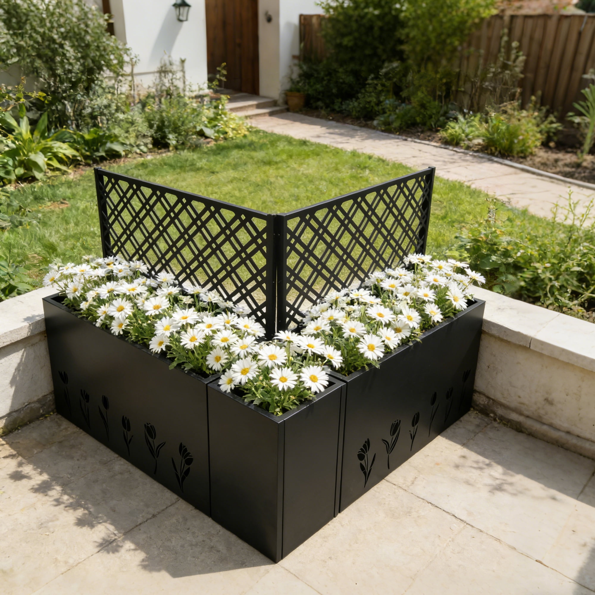Mintazer Corner Metal Planter Box Set of 3 with Trellis & Tulip Pattern, Outdoor 47.3 in Raised Privacy Screen with Drainage Holes for Patio, Black