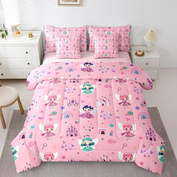 Erosebridal Fairy Princess Bedding Sets Twin Size, Cartoon Castle Bedding Twin Size, Cute Rainbow Reversible Comforter Sets with Sheets, Microfiber Bedroom Decorative, 7pcs