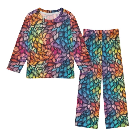 FORMRS Kids Pajama Set Fleece Long Sleeve Top Relaxed-Fit Pants Lounge Sleepwear, Sizes 3T-11Y, Colorful Dragon Scales Pattern