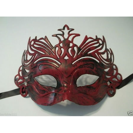 Dark Antique Red Venetian Laser Cut Mardi Gras Masquerade Half Mask Crown