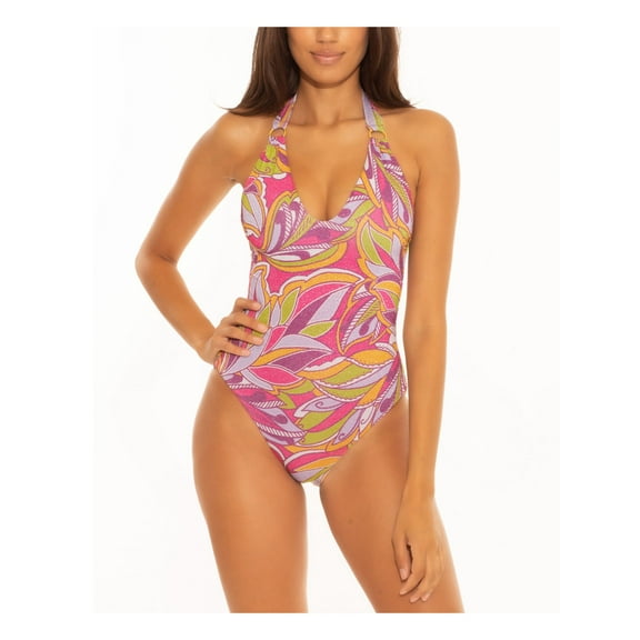 BECCA Women's Pink Printed Glitter Ring Stretch Tie Lined Deep V Neck Adjustable Psychedelica Halter One Piece Swimsuit S
