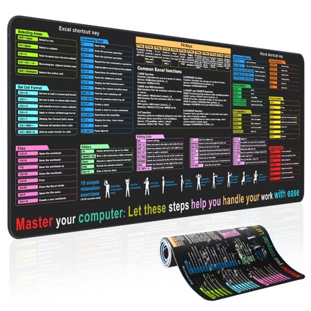 Excel and Word Cheat Sheet Desk Pad with 12 Common Skills, XL Large Desk Mat for Keyboard and Mouse, Waterproof and Anti-Slip, Work, Study, and Gaming