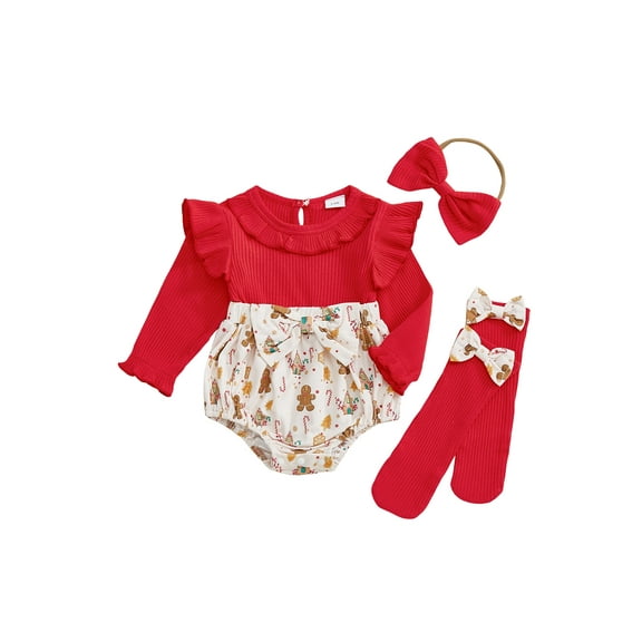 Miaouyo Infant Baby Girl Christmas Fall Outfit 0 3 6 9 12 18 Months Gingerbread/Candy Cane Print Ruffle Trim Romper Bow Headband Stockings