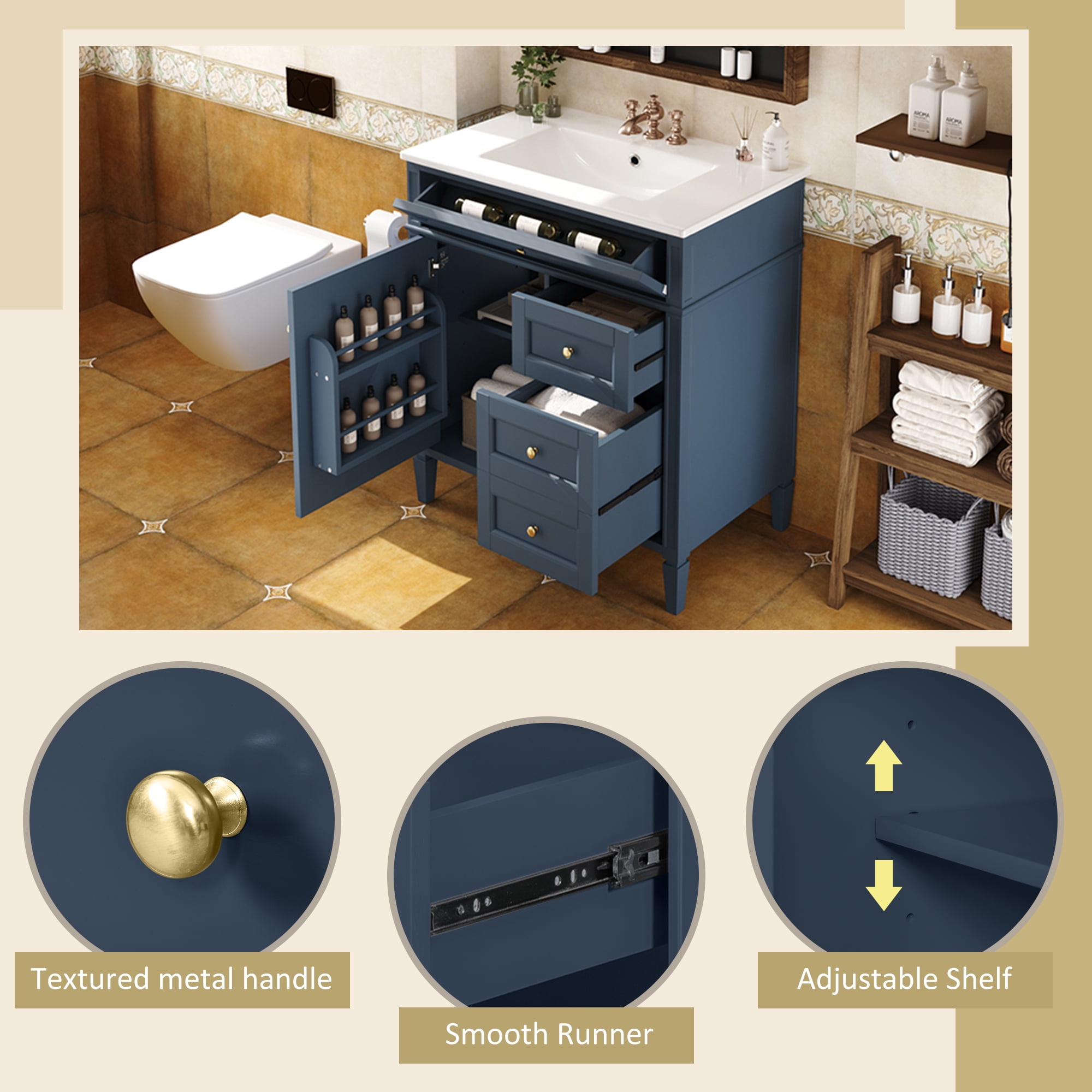 Euroco Modern Bathroom Vanity with Drawers, Cabinet Door Organizer & Tip-Out Tray,Freestanding Storage Cabinet with Sink Compatibility