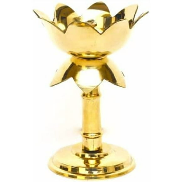 Brass Elegent Lotus Design Oil Lamp/Diya/Deep/Deepak With Stand (Approx. 9.5 cm Tall) Akhand Diya