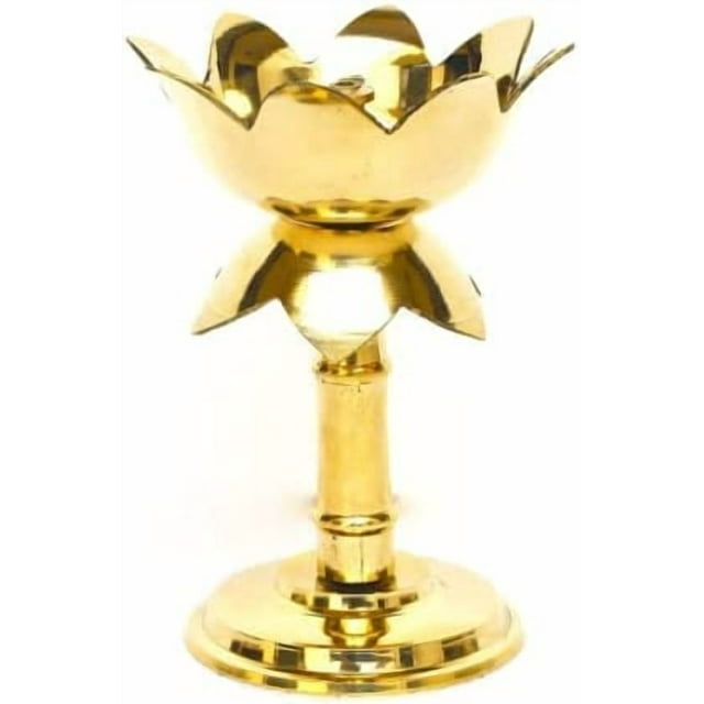 Brass Elegent Lotus Design Oil Lamp/Diya/Deep/Deepak With Stand (Approx. 9.5 cm Tall) Akhand Diya