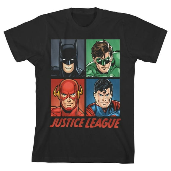 Justice League Colorful Character Squares Boy's Black T-shirt-Medium
