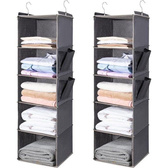 2 Pack 6-Tier Hanging Closet Organizer with Hooks - Foldable Storage Shelves for Clothes, Grey Space-Saving Shelf