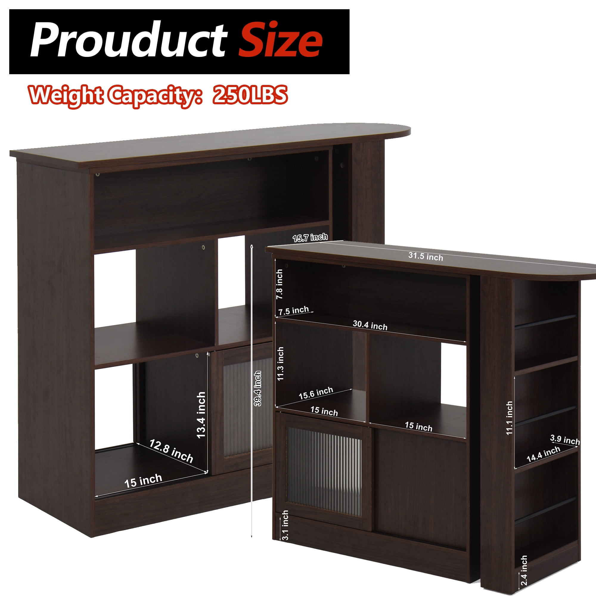 MOONMISS Walnut 3 Storage Shelves Rotating Top Modern Bar Cabinet with 6 Storage space and 2 Ribbed Glass Door