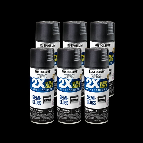 6 Pack, Black Rust-Oleum American Accents 2X Ultra Cover Semi-Gloss Spray Paint-327950, 12 oz