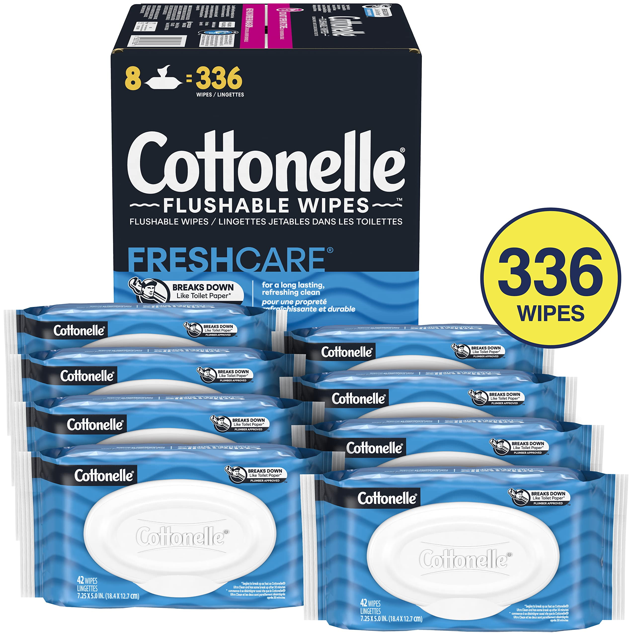 2X-Cottonelle Fresh Care Flushable Wet Wipes, Adult Wet Wipes, 8 Flip-Top Packs, 42 Wipes Per Pack (336 Total Flushable Wipes), Packaging May Vary