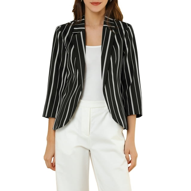Blazer a rayas para mujer INSPIRE CHIC de 3/4 de mangas, casual, de frente abierto y con solapa, 2XL, negro oscuro