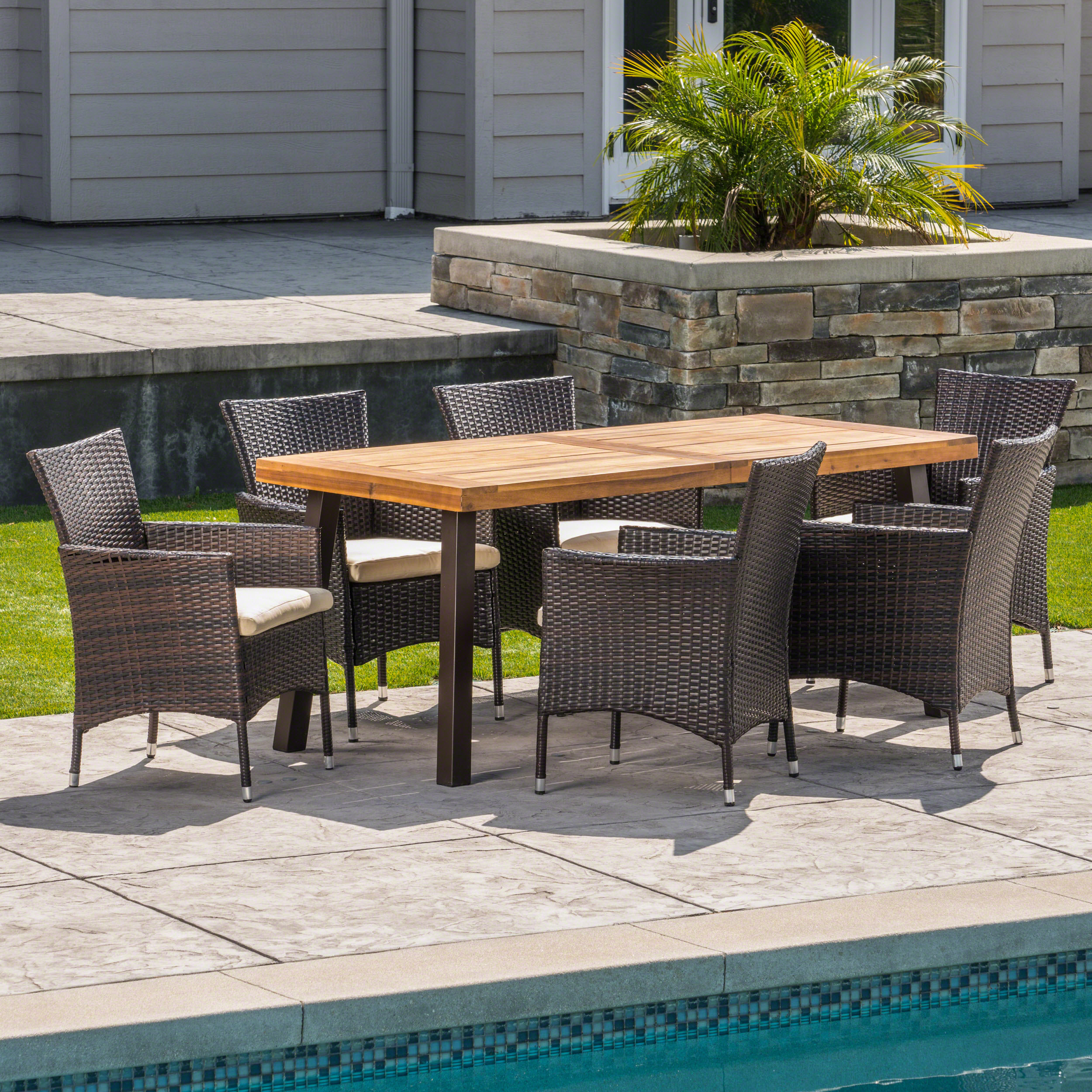 Outdoor 7 Piece Acacia Wood/Wicker Dining Set with Cushions, Multibrown, Beige, Teak - image 5 of 7
