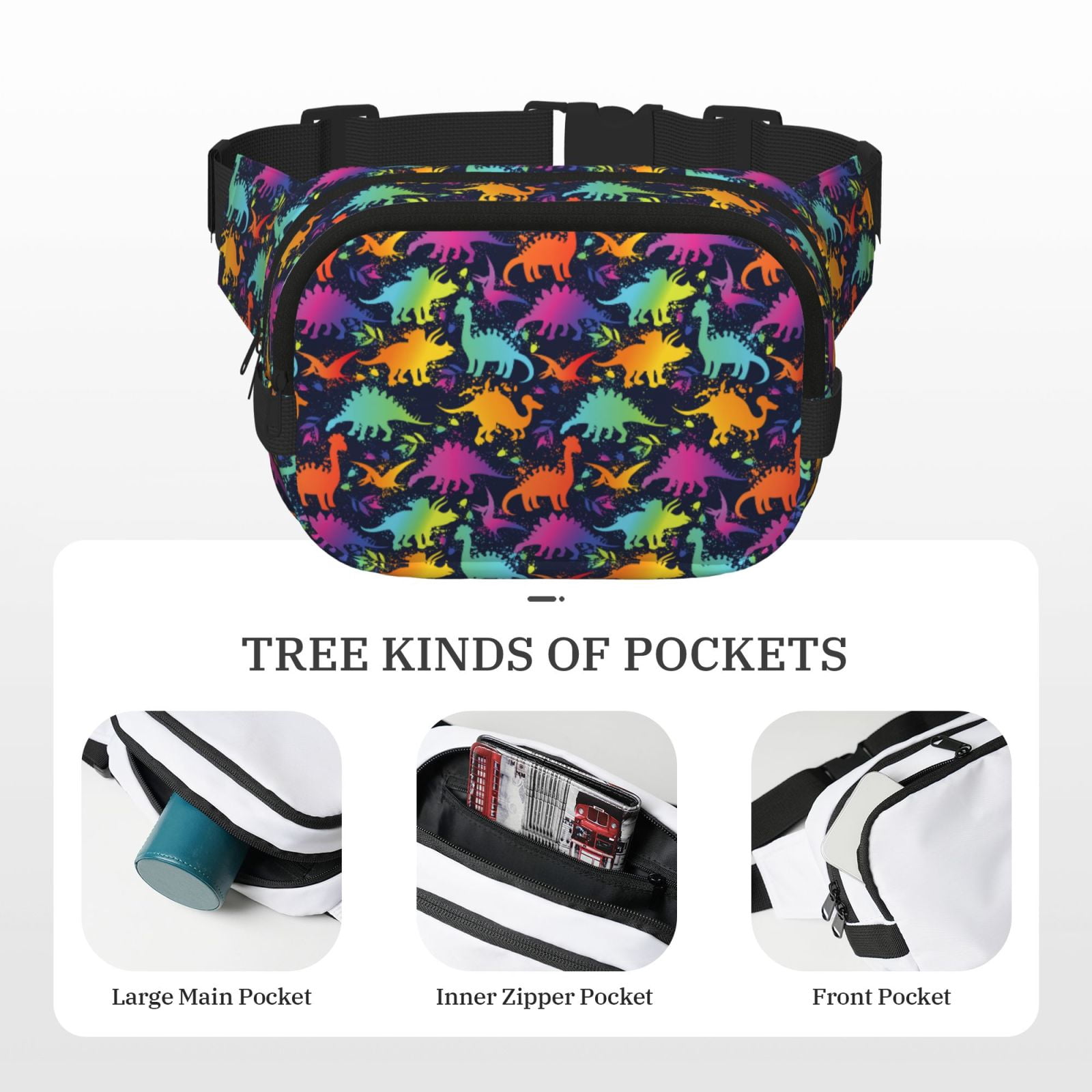 Hirioo Colorful Dinosaur for Double Layer Waist Bag Adjustable Fanny Pack For Travel Running Hiking