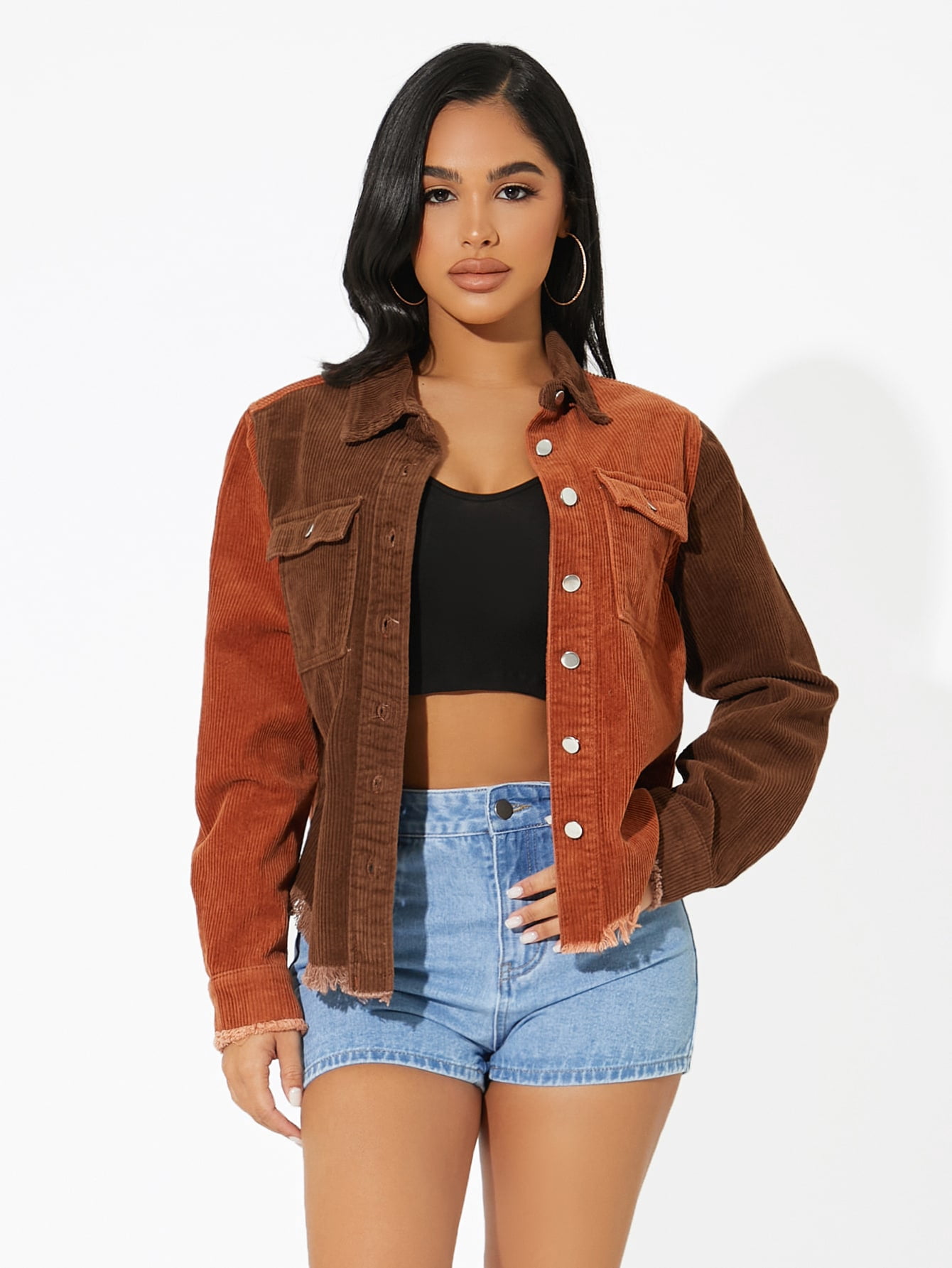 Color Block Raw Hem Corduroy Jacket 