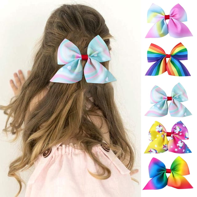 YAOBAMM Glitter Pattern Hair Clip 5Pcs Kids Hair Clips Gradient Color Rainbow Striped Bowknot Decor Girl Hair Pins Hair Accessories Back to School Christmas Gift