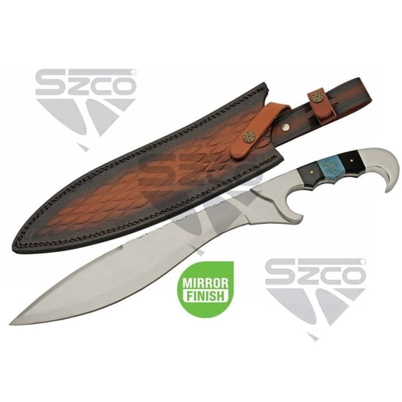 SZCO 18-Inch Heritage Fixed-Blade Field Knife 12.5-Inch Mirror-Polished Stainless Steel Blade with Artisan File-Work and Leather Sheath