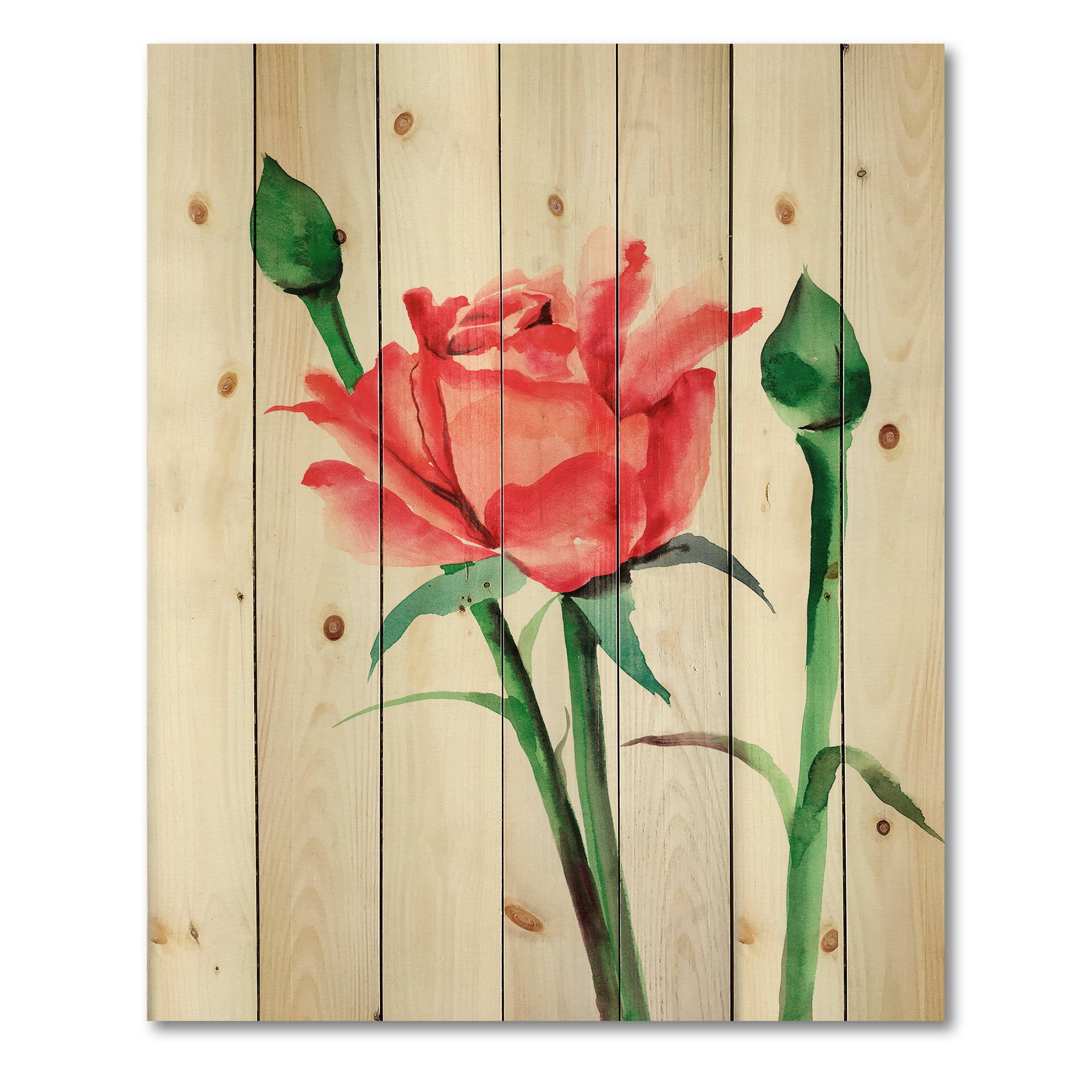 Designart 'Buds With Red Rose' Traditional Print on Natural Pine Wood