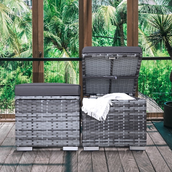 Outdoor Ottoman Set of 2, PE Wicker Ottoman with Storage, AllWeather