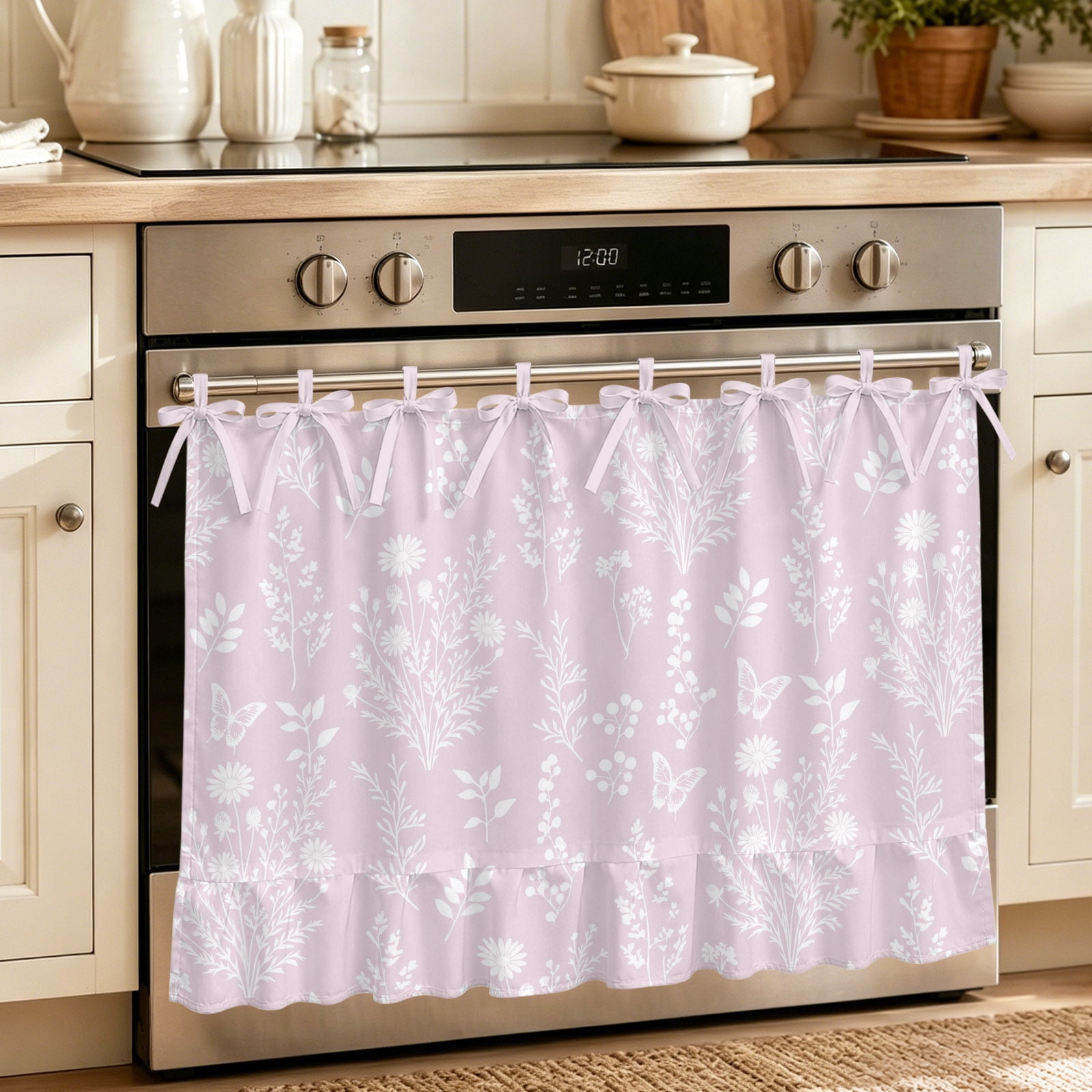 Oven Skirt Curtain for Kitchen 24x32 Inch Pink Botanical Oven Curtain with 8 Ribbon Ties & Ruffle Trim Stove Skirt Curtain Dishwasher for Cabinets Over Sinks Spring Summer Chic Wildflowers