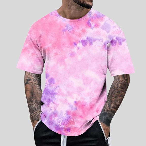 Dolkfu Short Sleeve Mens Casual Shirts Pink Novelty Tie Dye T Shirt Crew Neck Funny Breathable Men Graphic Tees,L