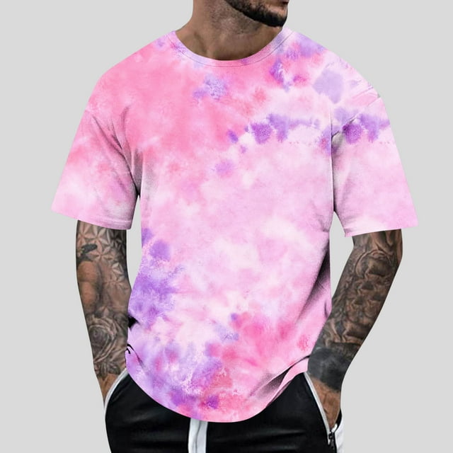 RKSTN Tie Dye T Shirts for Men Oversized Crew Neck Cotton Short Sleeve Shirts Pullover Top Mens Casual Round Neck Plus Size Loose Fits Comfy Summer Tee Shirts