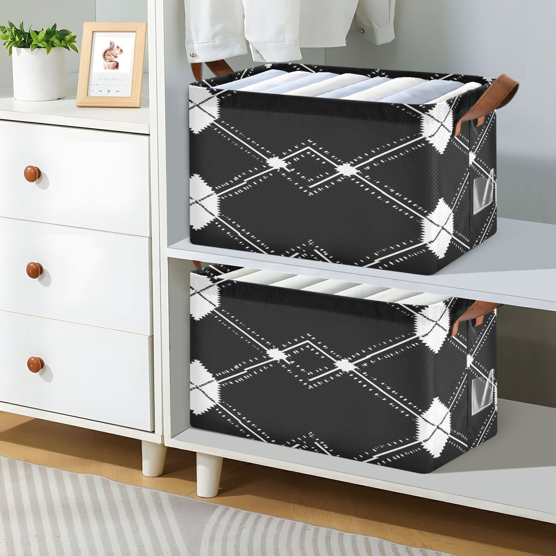 Ryvnso Black White Plaid Checkered Storage Bins Large Basket Foldable Cube Toys Organizer with Handles 2 PCs