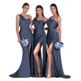 thumbnail image 1 of Vestido de dama de honor personalizado de un hombro para mujer, vestido de fiesta de sirena de satén plisado, vestidos de noche de fiesta de boda con abertura lateral larga, 1 of 5