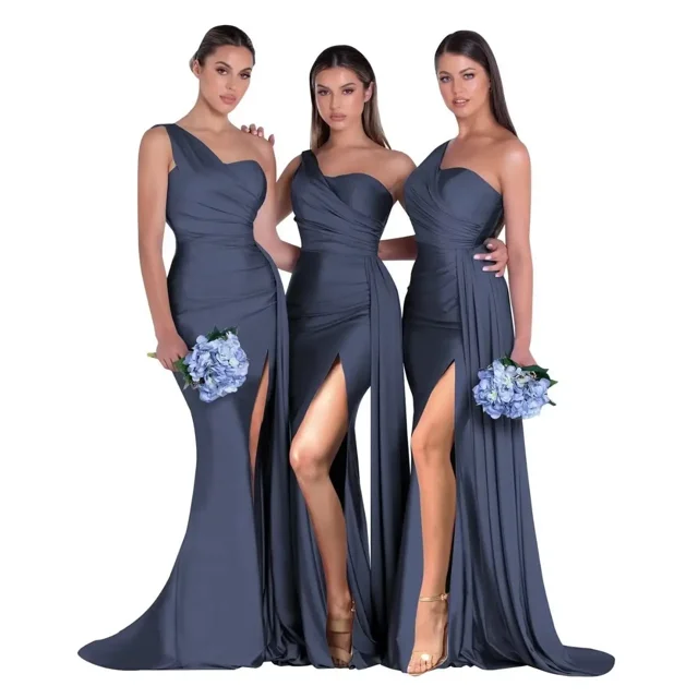 Vestido de dama de honor personalizado de un hombro para mujer, vestido de fiesta de sirena de satén plisado, vestidos de noche de fiesta de boda con abertura lateral larga